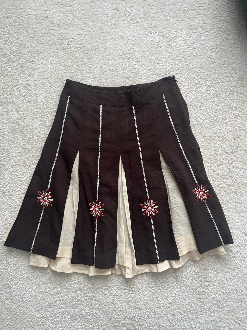 LOFT Black A-Line Skirt with Cream Panels and Red Floral Accents